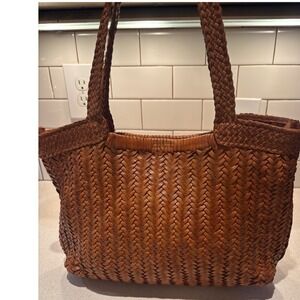Valenca Holland Woven Leather Tote Bag Tan Brown Braided Shoulder Bag Large